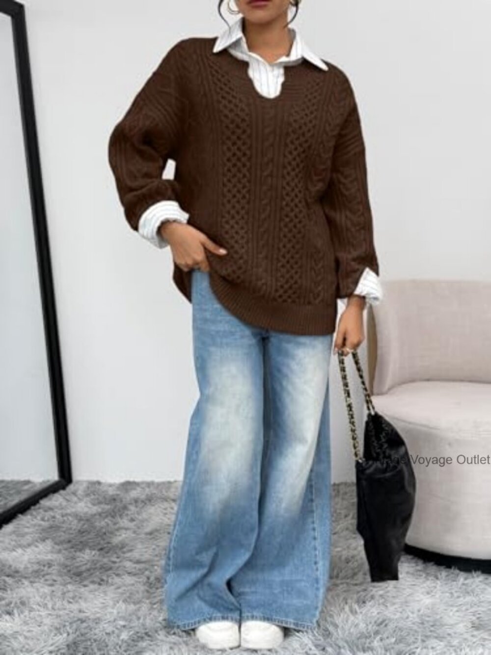 Oversized Cable Knit V-Neck Sweater Pullover Women's Winter Clothing - Picture 6 of 6